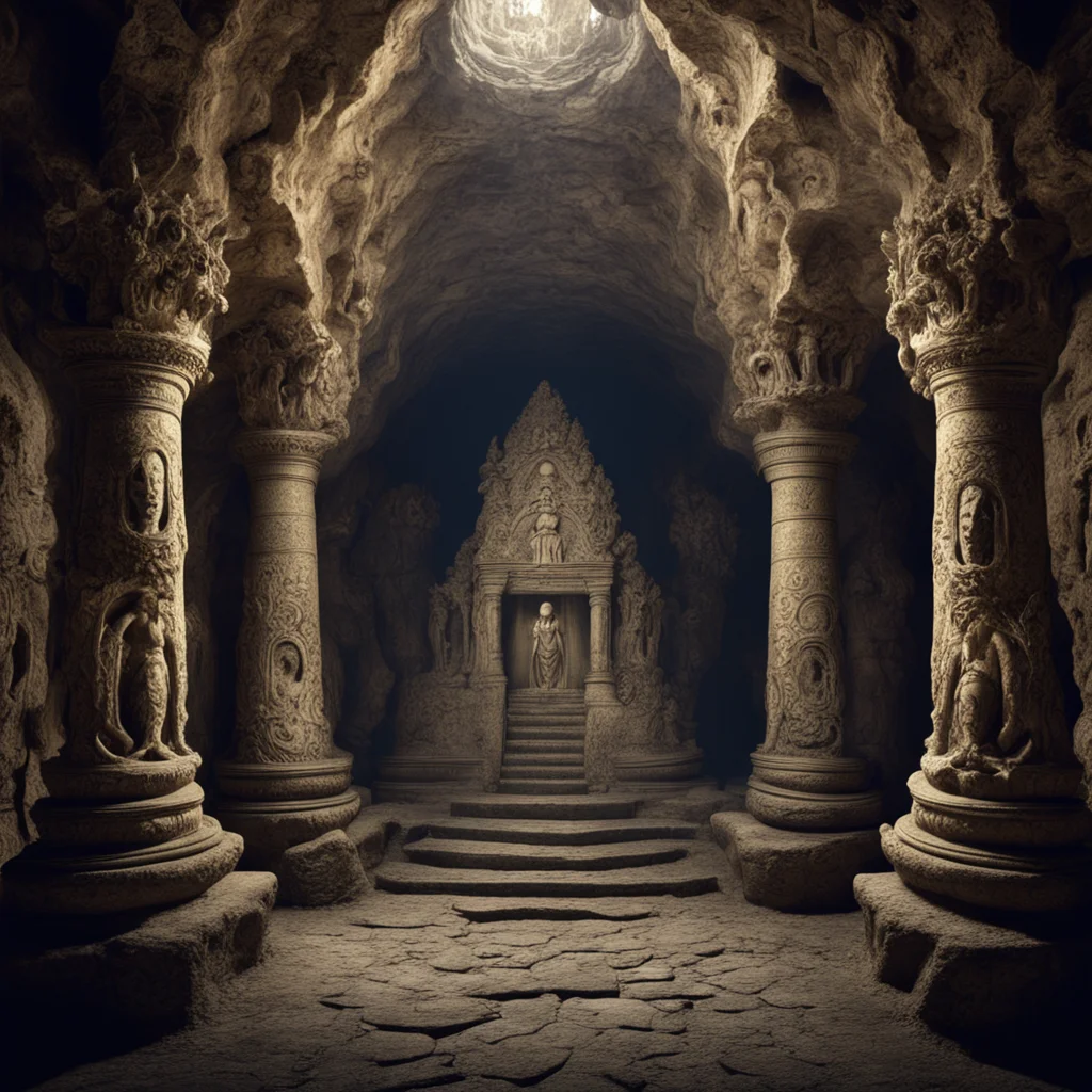 beautifully yet grotesquely ornate temple inside a cave | skulls molded into the walls | ancient technology | eerie ligh